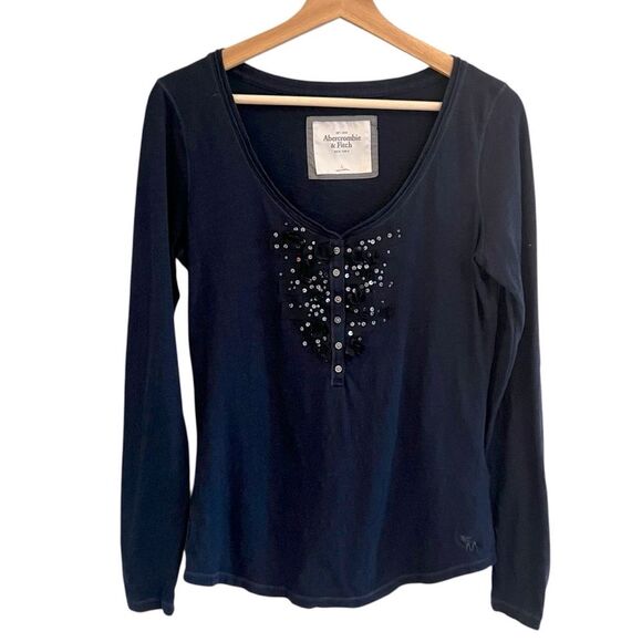 Abercrombie & Fitch Women Y2K Henley Top Size L Navy Fitted Preppy Bella Swan - Picture 1 of 9